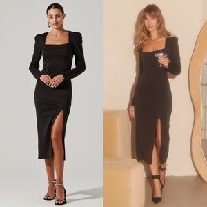 NEW ASTR The Label BLACK Square Neck PUFF SLEEVE Cutout MIDI COCKTAIL Slit DRESS